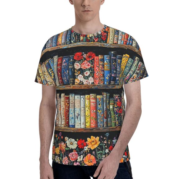 Men 3D Printed Short Sleeve Graphic T-Shirts Tops Tee, Library Bookshelf Hippie