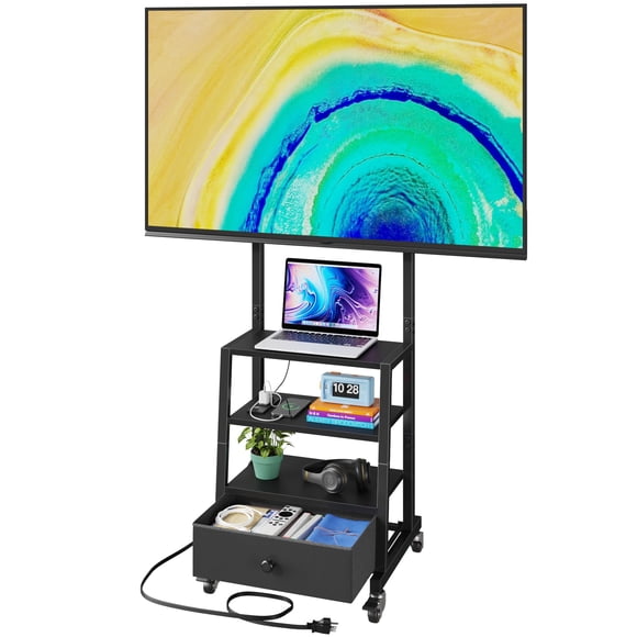 Soporte para TV AFLUI con ruedas, soporte móvil, cajón de tela y toma de corriente