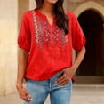 thumbnail image 2 of BODOAO Womens Linen Embroidered Top V Neck Boho Tops Peasant Blouses Vacation Shirts Dressy Casual Workout Tops Gauze Tops Fashion Outfits Summer Soft Breathable Red L, 2 of 8