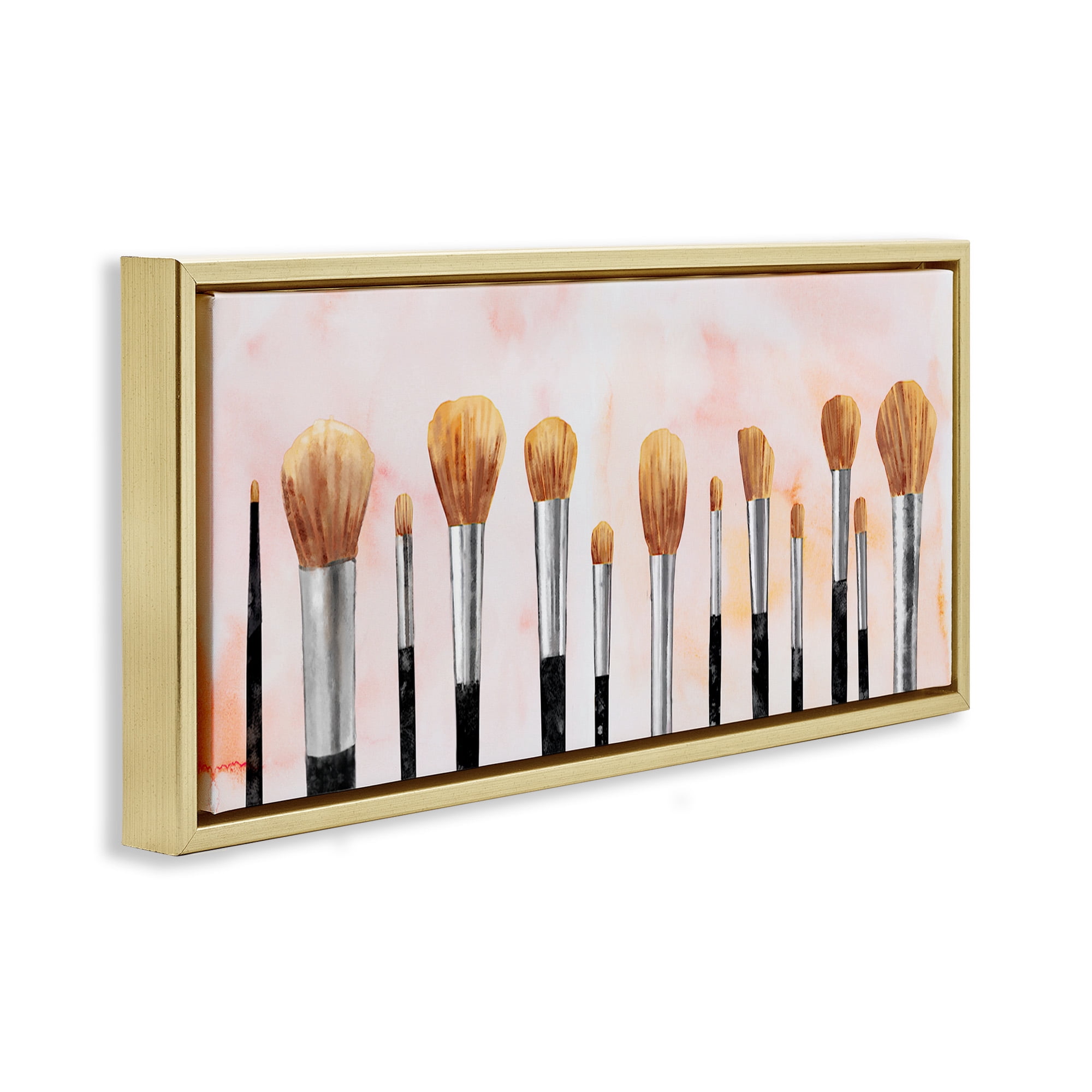 Stupell Industries Pink Makeup Brush Collection Beauty & Fashion Painting Gold Floater Framed Canvas Art Print Wall Art, 31 x 14