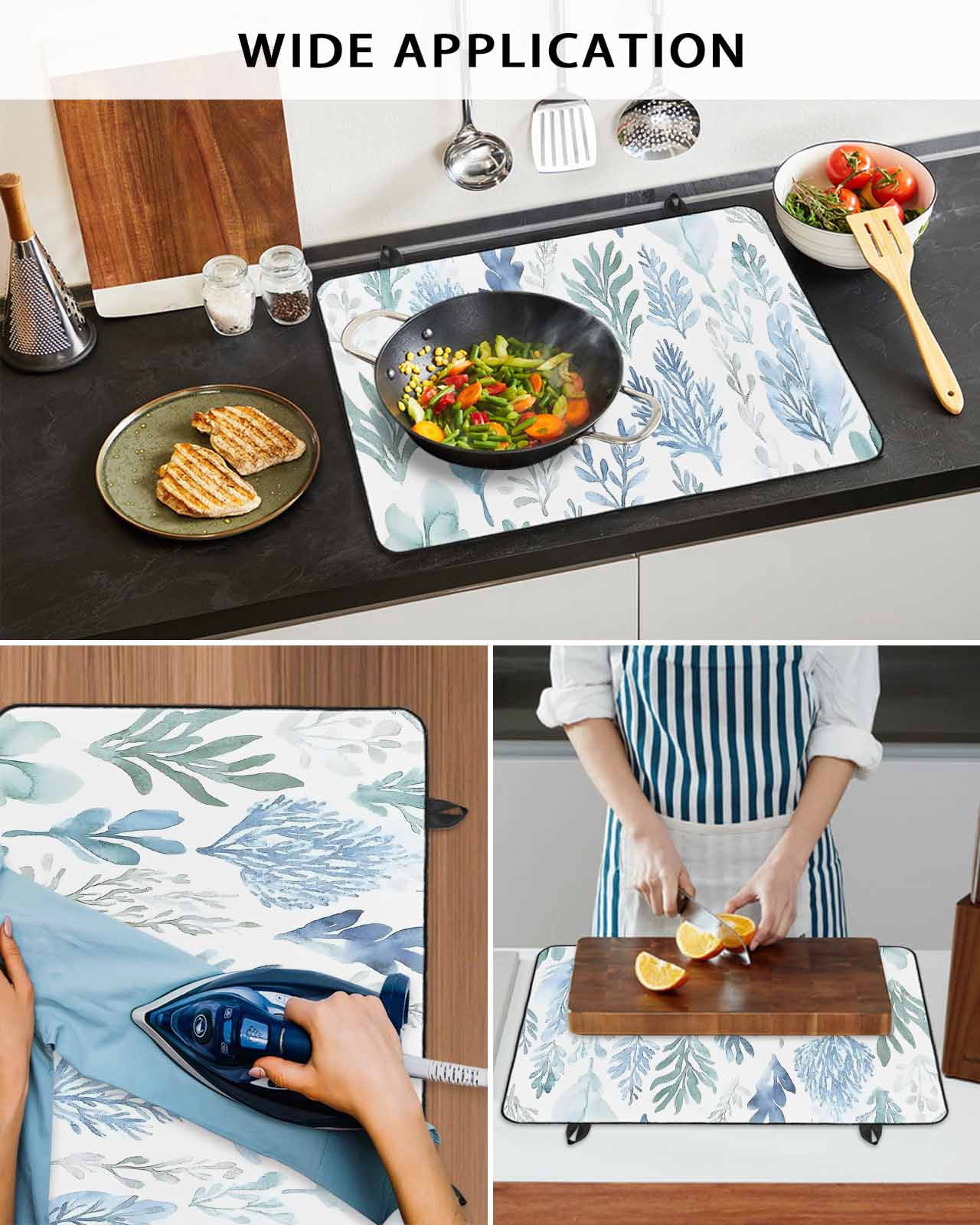 nqOlkjepod Large Induction Cooktop Protector Mat 36"x21", Blue Green Botanical Stove Top Covers for Electric Stove, Retro Summer Watercolor Leaf Plant Stove Burner Cover Mats, Glass Top Stove Cover