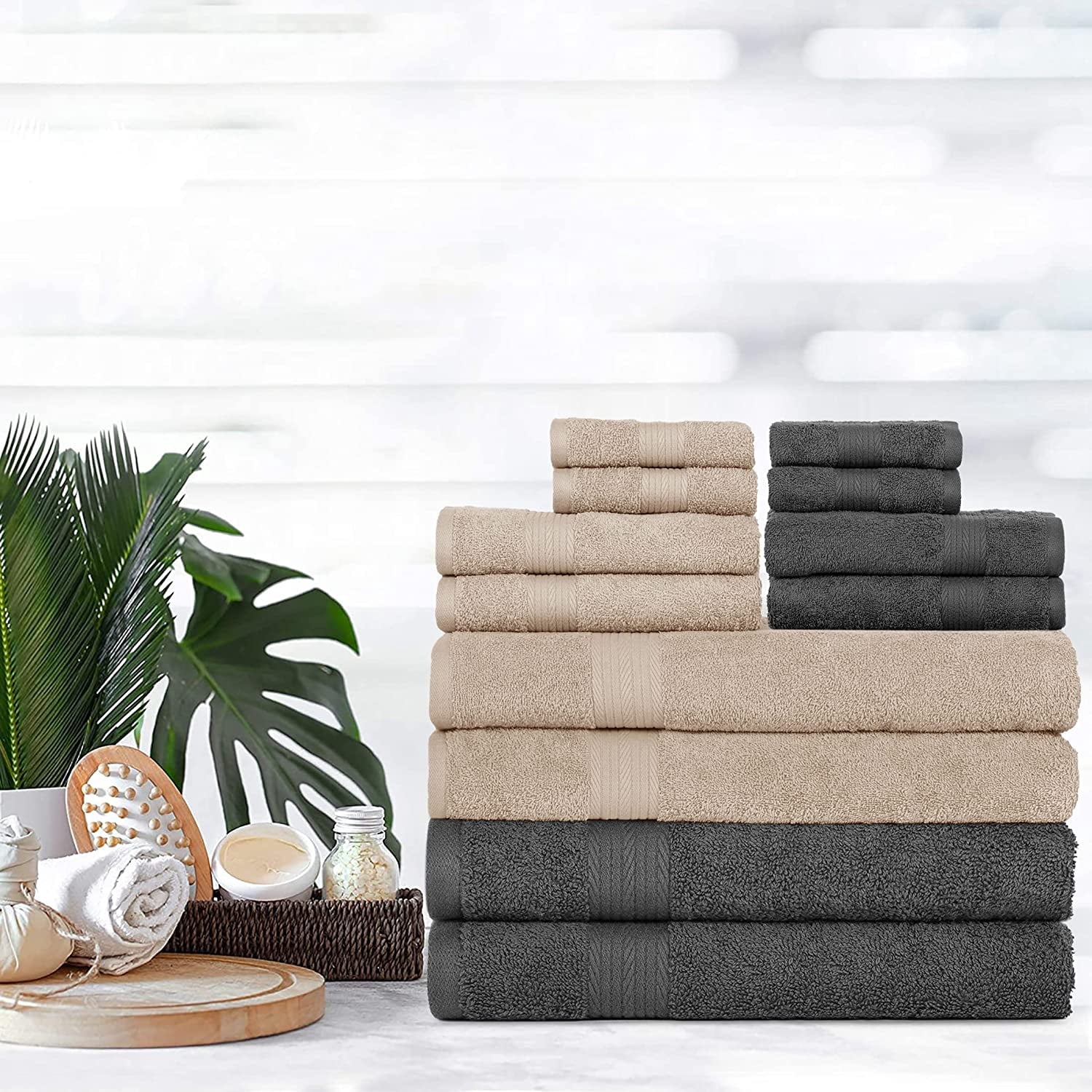 Ample Décor Bathroom Towel Set of 12- 4 Bath Towel, 4 Hand Towel, 4 Washcloths - Machine Washable - Beige & Grey