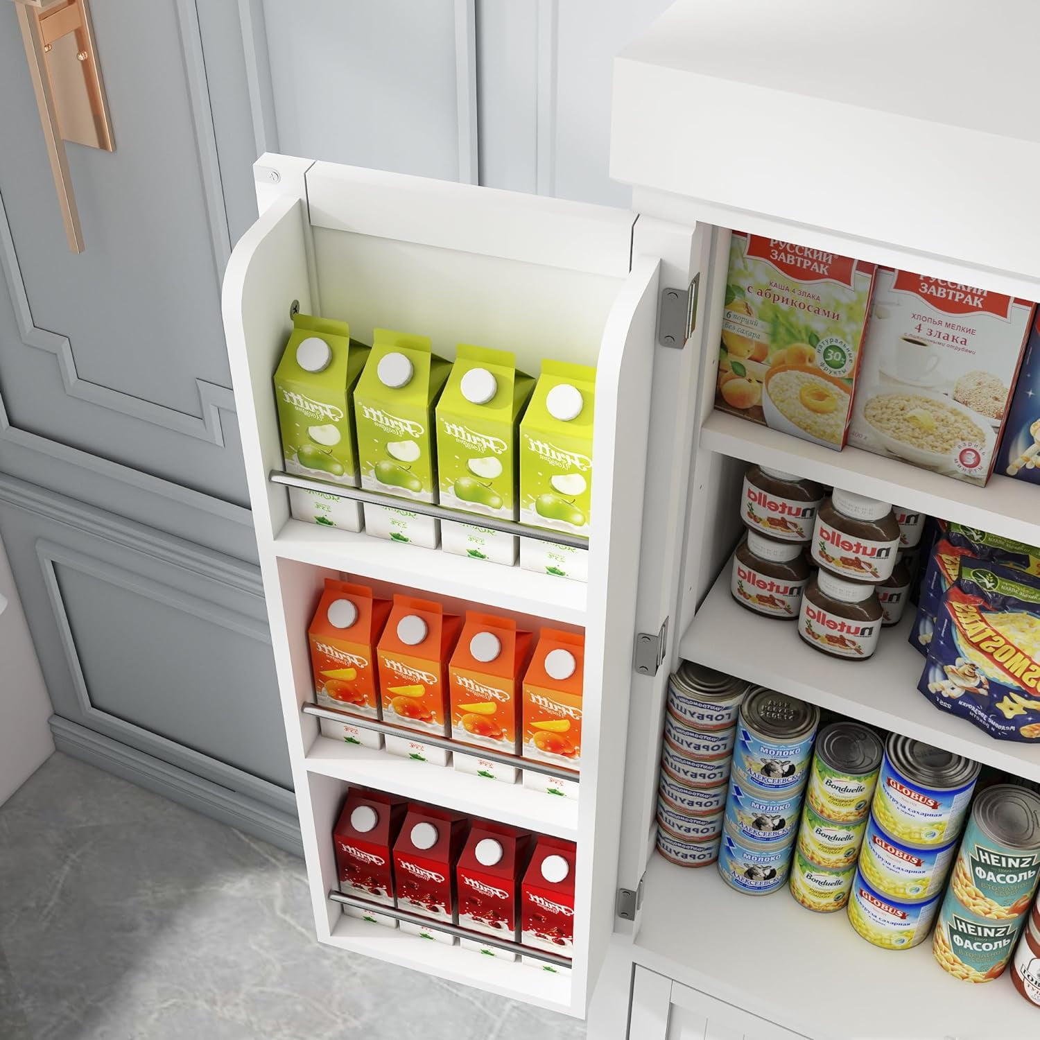 ChVans 72" Tall Kitchen Pantry with 4 Doors, Storage Cabinet with 1 Large Drawer 6 Hanging Shelves, Freestanding Cupboard for Dining Room Living Room