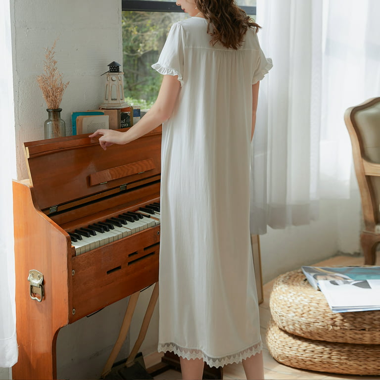 Women Nightdress Nightgown Sleepwear Lace Ruffle Loose Cotton Cute Retro