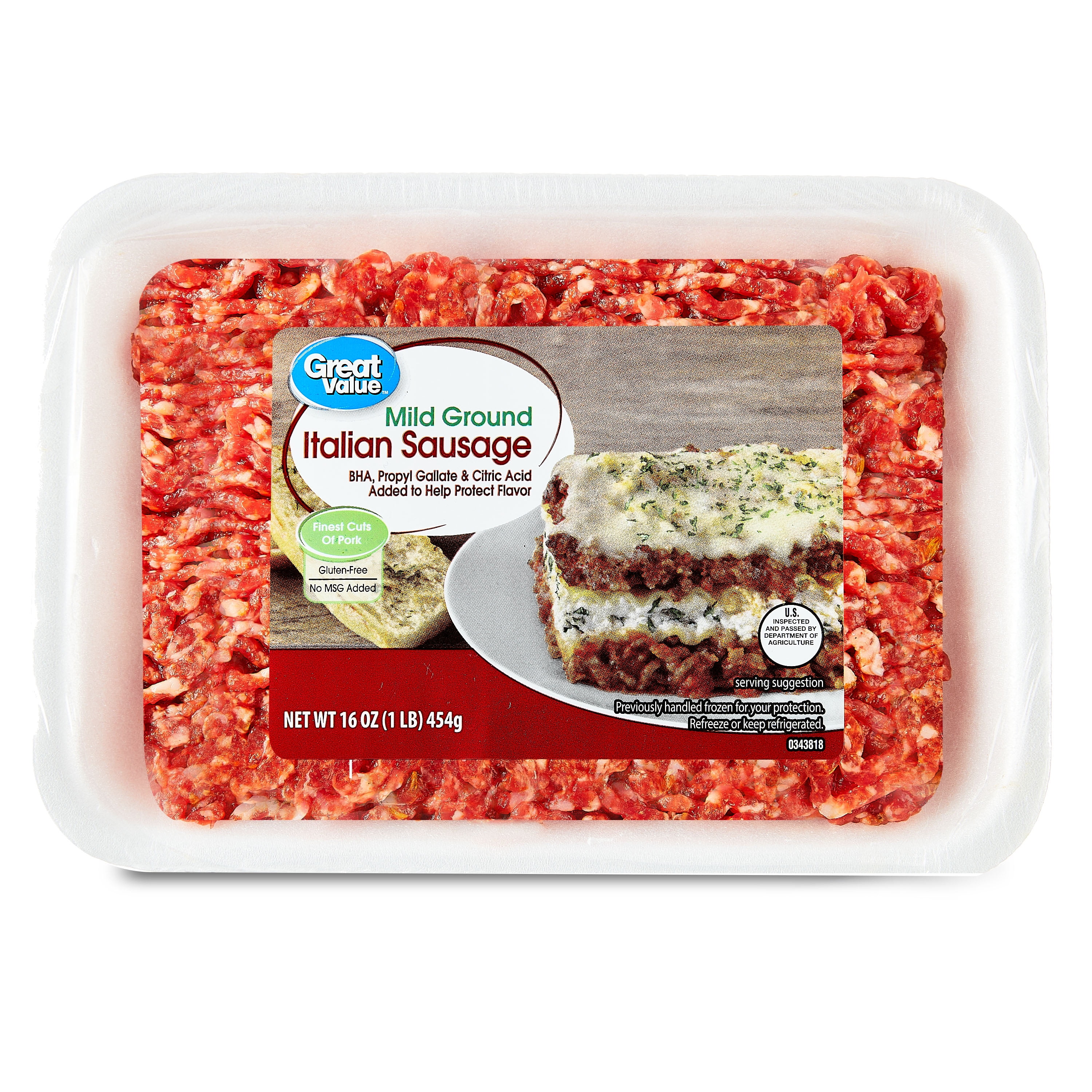 Great Value, Mild Ground Italian Sausage, Pork, 1lb (Fresh)