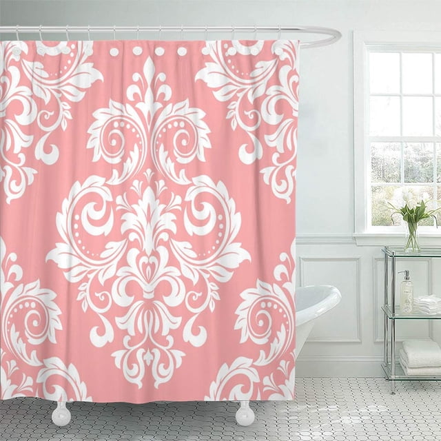 Cortinas de ducha impermeables ABPHQTO Patrón floral antiguo Damasco barroco rosas y blancas 165x180 cm