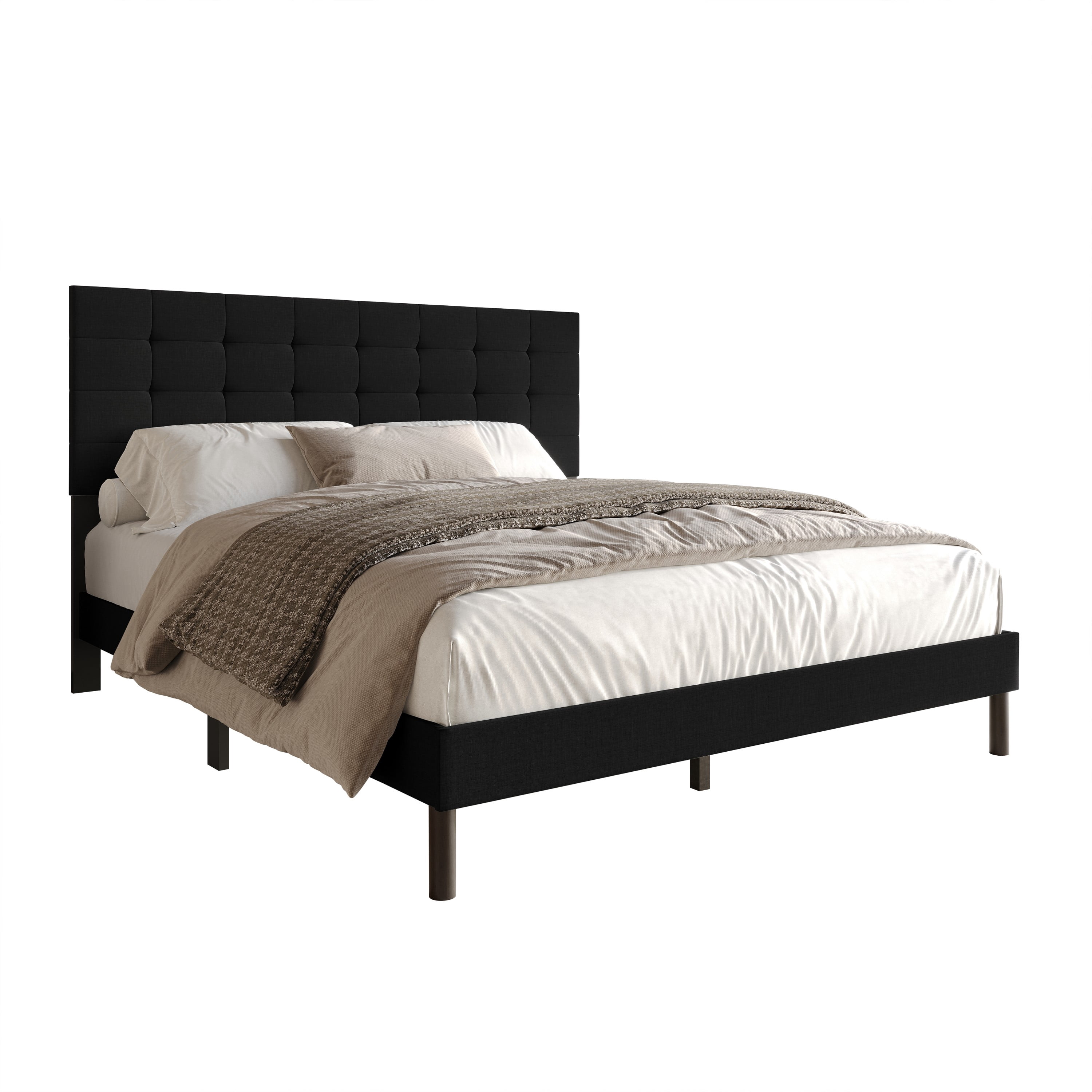 Home Design Haines Full Linen Upholstered Panel Bed Frame with Rectangular Tufted Headboard & Sturdy Wooden Legs, Black, Easy Assembly