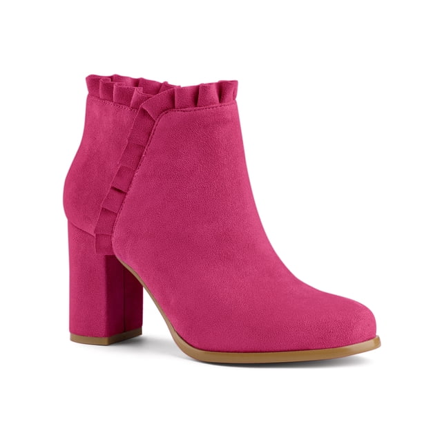 Unique Bargains Women's Ruffle Block Heel Ankle Boots HotPink (Size 9.5)