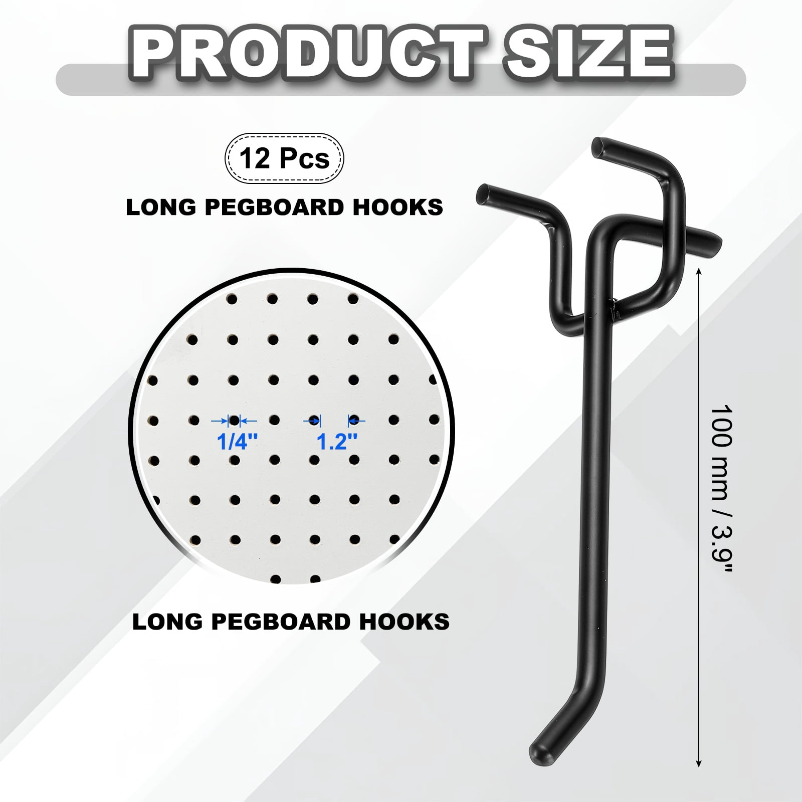 Uxcell 12 Pcs Pegboard Hooks, 3.9 Inch Peg Board Hooks Kit Fit 1/5" Pegboard Garage for Hanging Shelving Tool Storage Craft Organizing, Black (1.2mm Hole Dia)