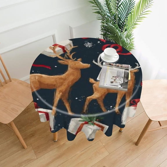 RKSupls 60 Inch Round Tablecloth, Reindeer Gifts Christmas Premium Polyester Straight Edge Wrinkle Resistant Washable Table Cover for Party Home Dining Decor
