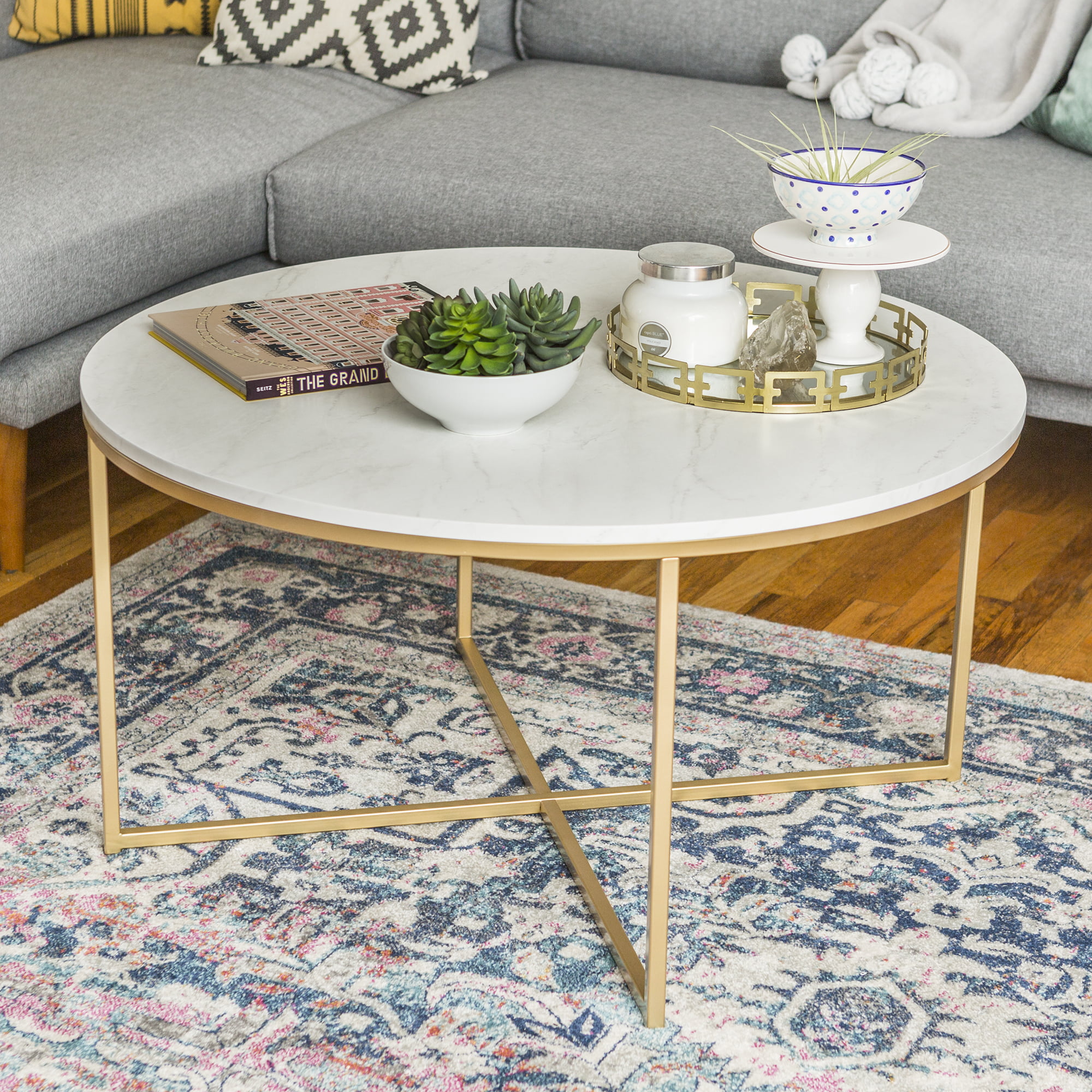 Ember Interiors Daisy Faux Marble And Gold Round Coffee Table Marble Gold Walmart Com Walmart Com