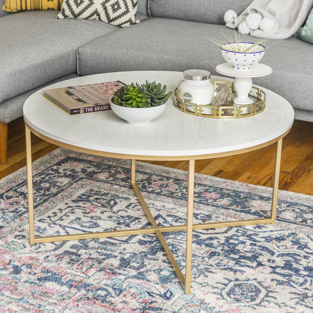 Ember Interiors Daisy Faux Marble and Gold Round Coffee Table Walmart