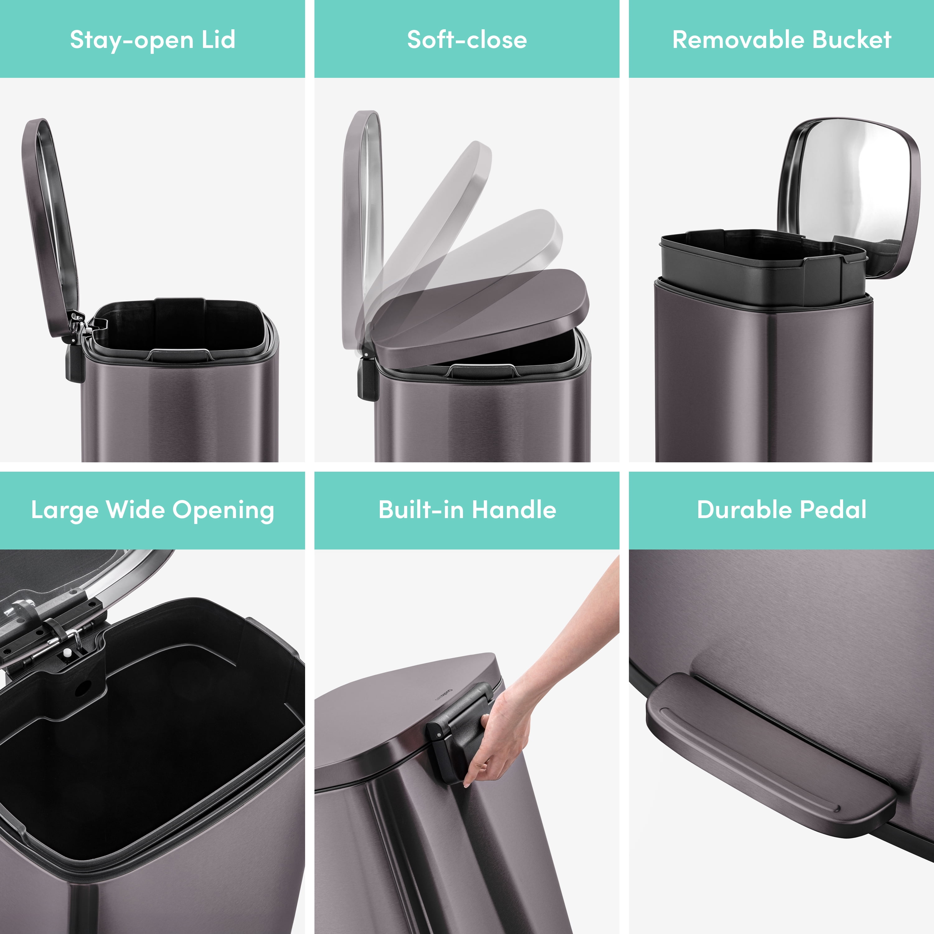 Qualiazero Kitchen Trash Can, 13.2 Gallon Stainless Steel Step Garbage Bin with Soft Close Lid, Black