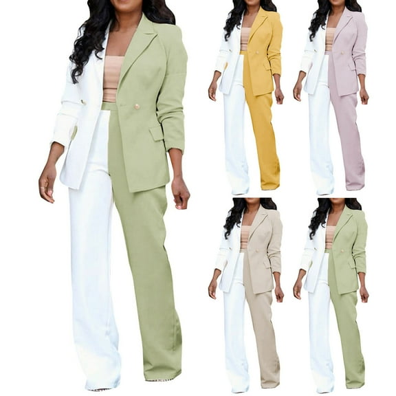 qolati 2 Piece Outfits for Women Long Sleeve Open Front Blazer with Dress Pants Formal Sets Casual Elegant Color Block Business Office Suits Set