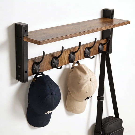 ManyFun 17" Rustic Brown Wall Mounted Coat Rack with Shelf & 5 Hooks, Multifunctional Entryway Hanger, Storage Organizer for Bedroom Bathroom