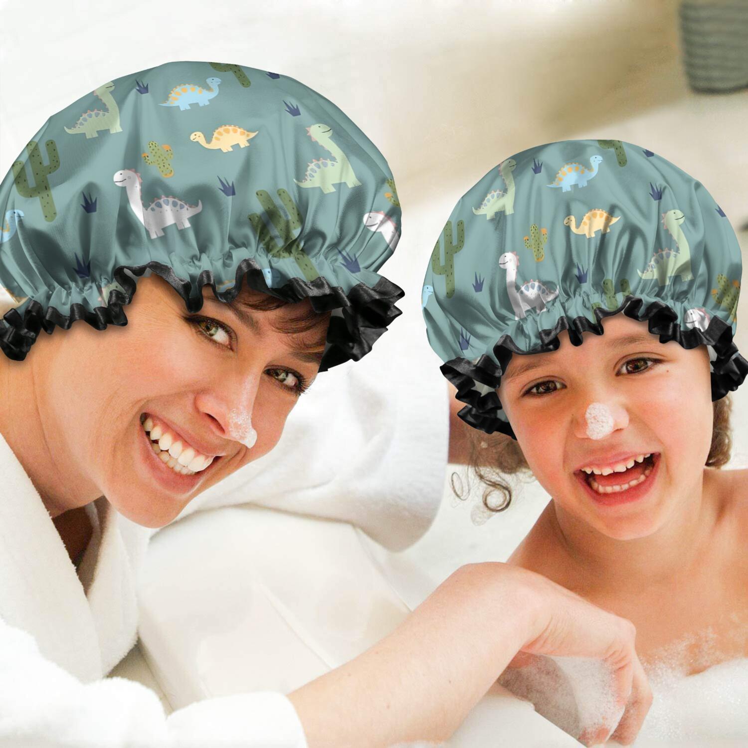 Shower Caps,LightBlue Cartoon Dinosaurs Cacti Pattern Waterproof Shower Cap for Women 4 Pieces,Double Reusable Hair Cover for Shower PEVA Elastic Stretch Hem