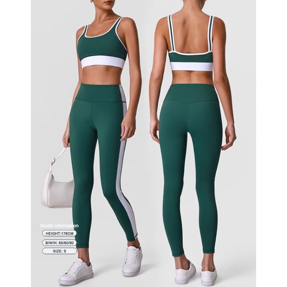 PISONIC Women 2 Piece Workout Sets Color Block Sports Bra High Waist Tummy Control Active Leggings Yoga Outfit Set