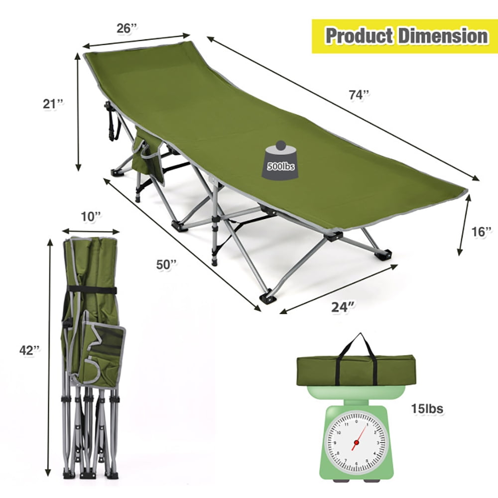 Aimee Lii Folding Camping Cot with Side Storage Pocket Detachable Headrest, Folding Sleeping Cot for Camping, Green