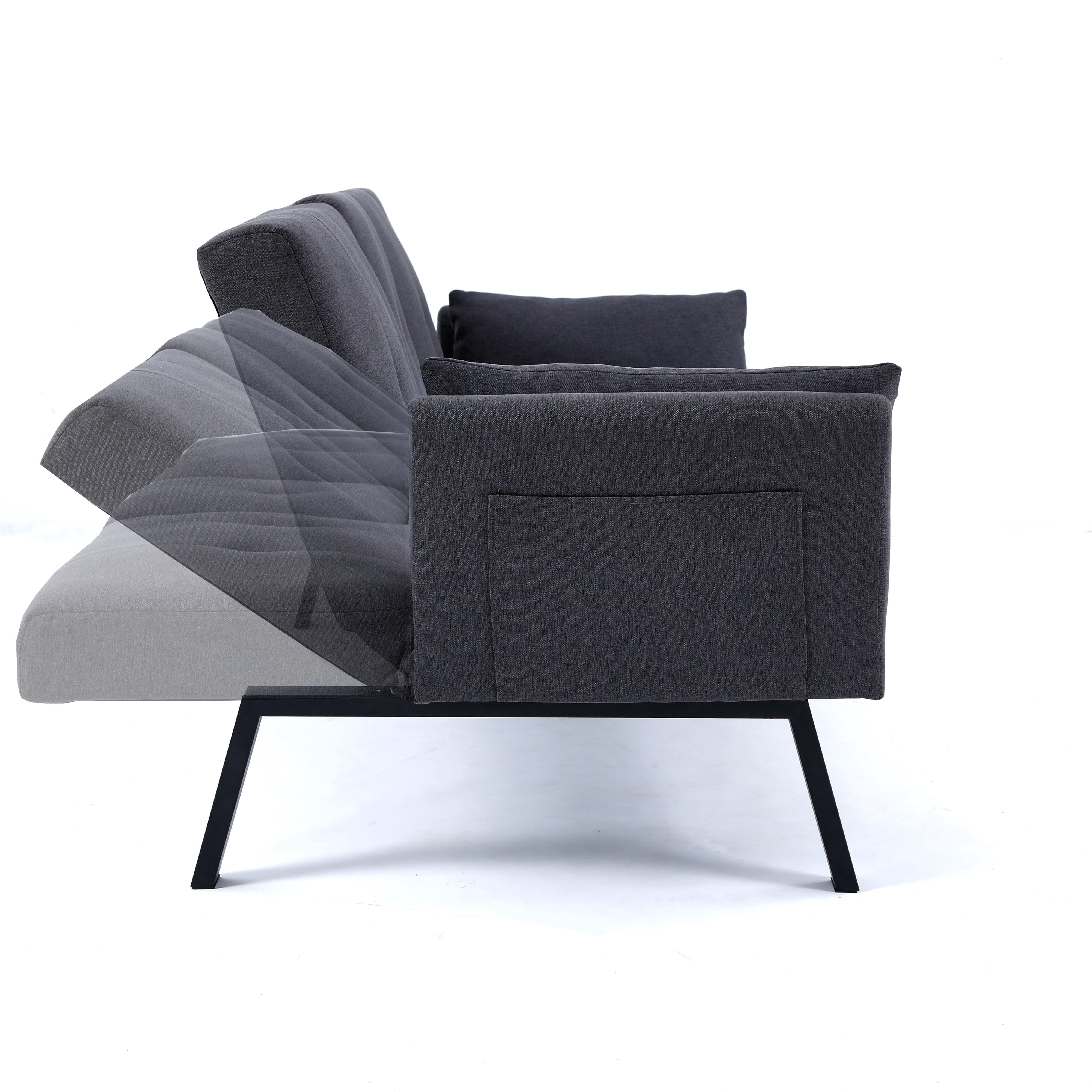 MAYEERTY 70" Linen Sofa Bed Foldable Sofa Couch with Cup Holder and Side Storage for Living Room, Bedroom and Apartment, Dark Gray