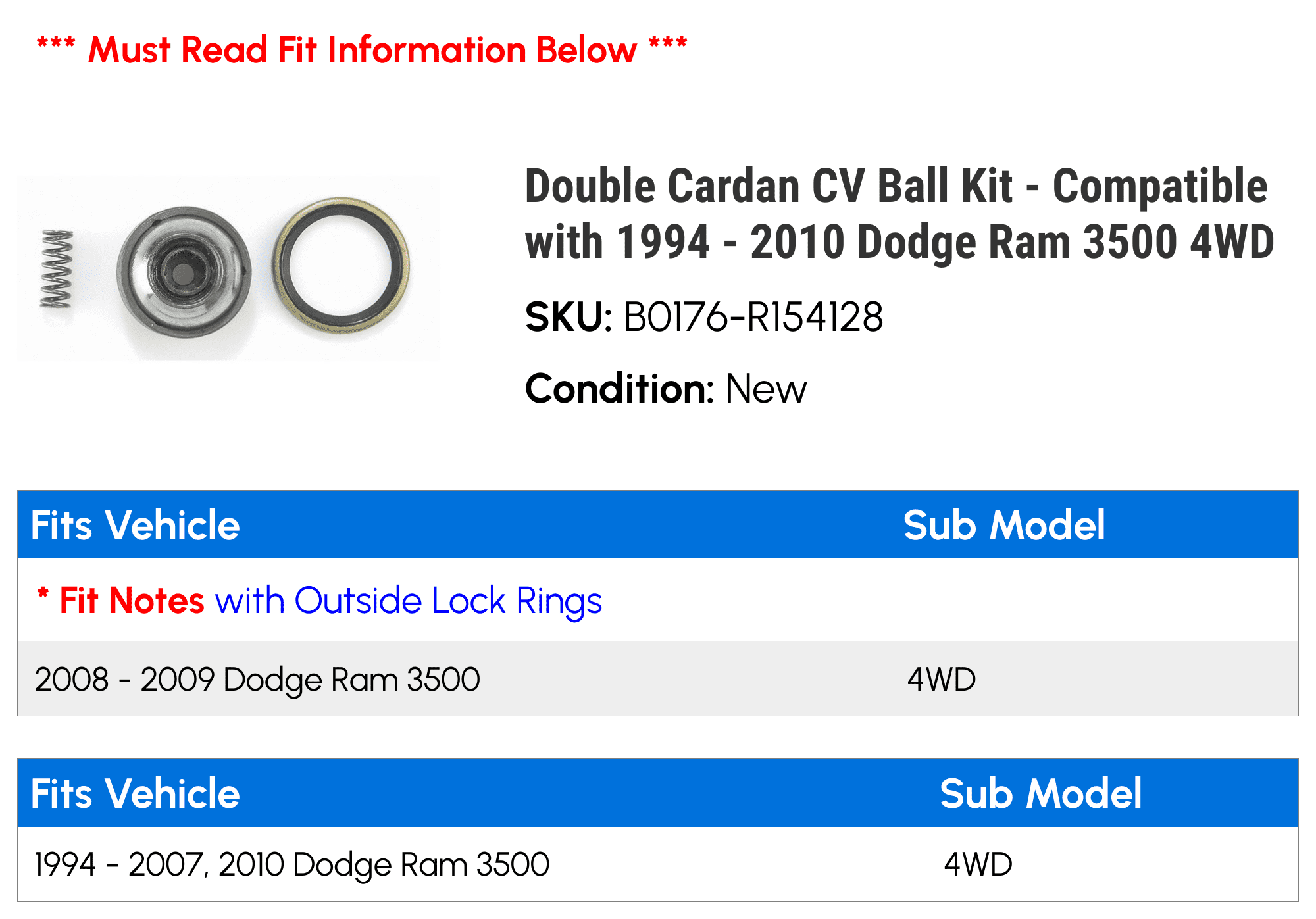 Double Cardan CV Ball Kit - Compatible with 1994 - 2010 Dodge Ram 3500 4WD  1995 1996 1997 1998 1999 2000 2001 2002 2003 2004 2005 2006 2007 2008 2009  - Walmart.com