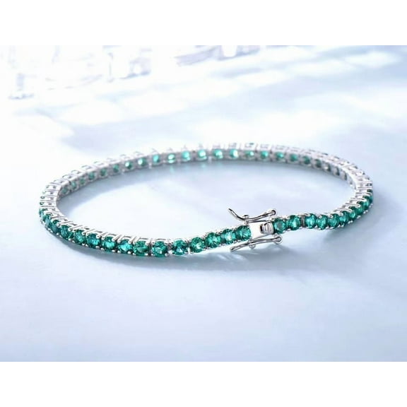 Round Shape Lab Created Emerald Tennis Bracelet for Women in 925 Sterling Silver – Elegant Green Gemstone Jewelry for Engagement, Wedding, Anniversary, Birthday & Special Occasion Gift