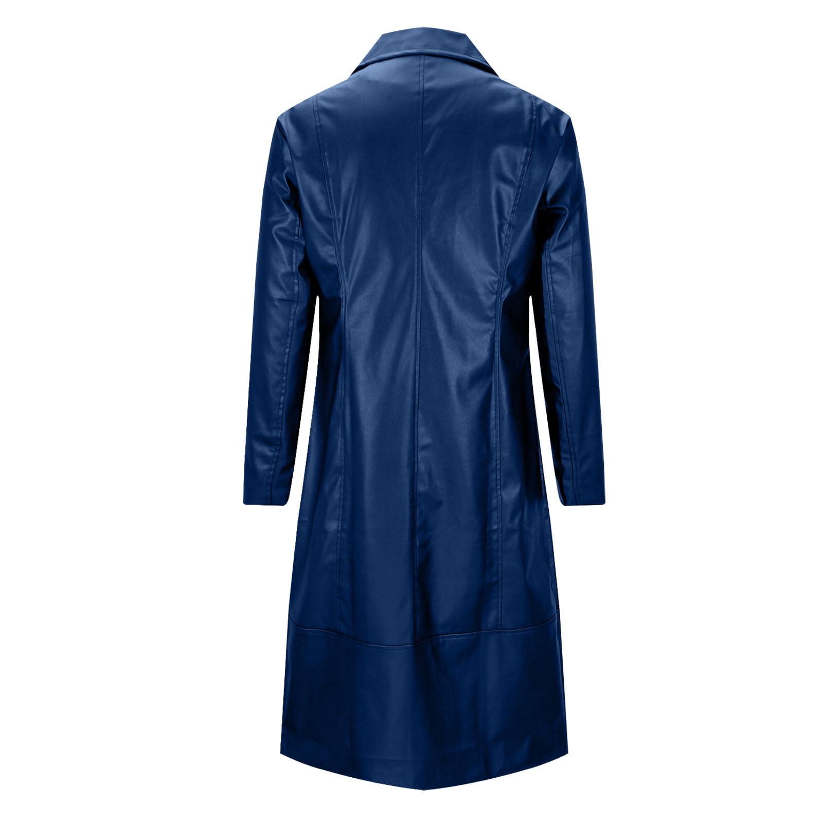 VSSSJ Mens Long Trench Coat Long PU Leather Jacket Faux Leather Long Sleeve Single Breasted Lapel Collar Fashion Mid Long Pu Jacket Outerwear Dark Blue XXXXL