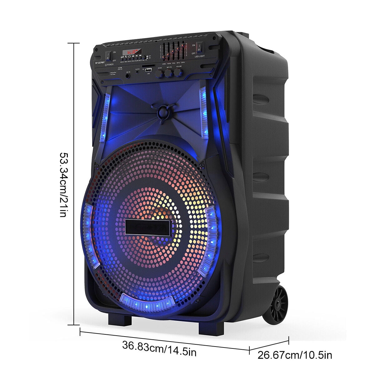 12'' Woofer Heavy Bass Bluetooth Speaker Portable Party PA Sound System Mic LED FM AUX Handle Wheels