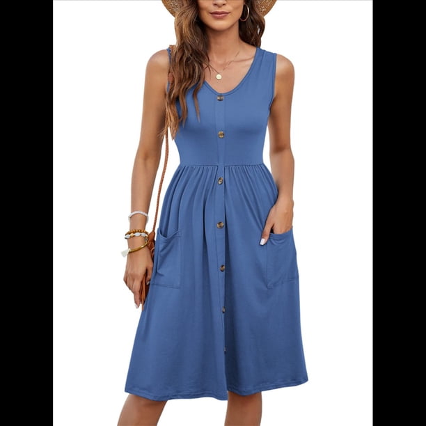 Vestidos de Verano para Mujer, Sin Mangas, Informales, Holgados, con Botones y Bolsillos Azul L