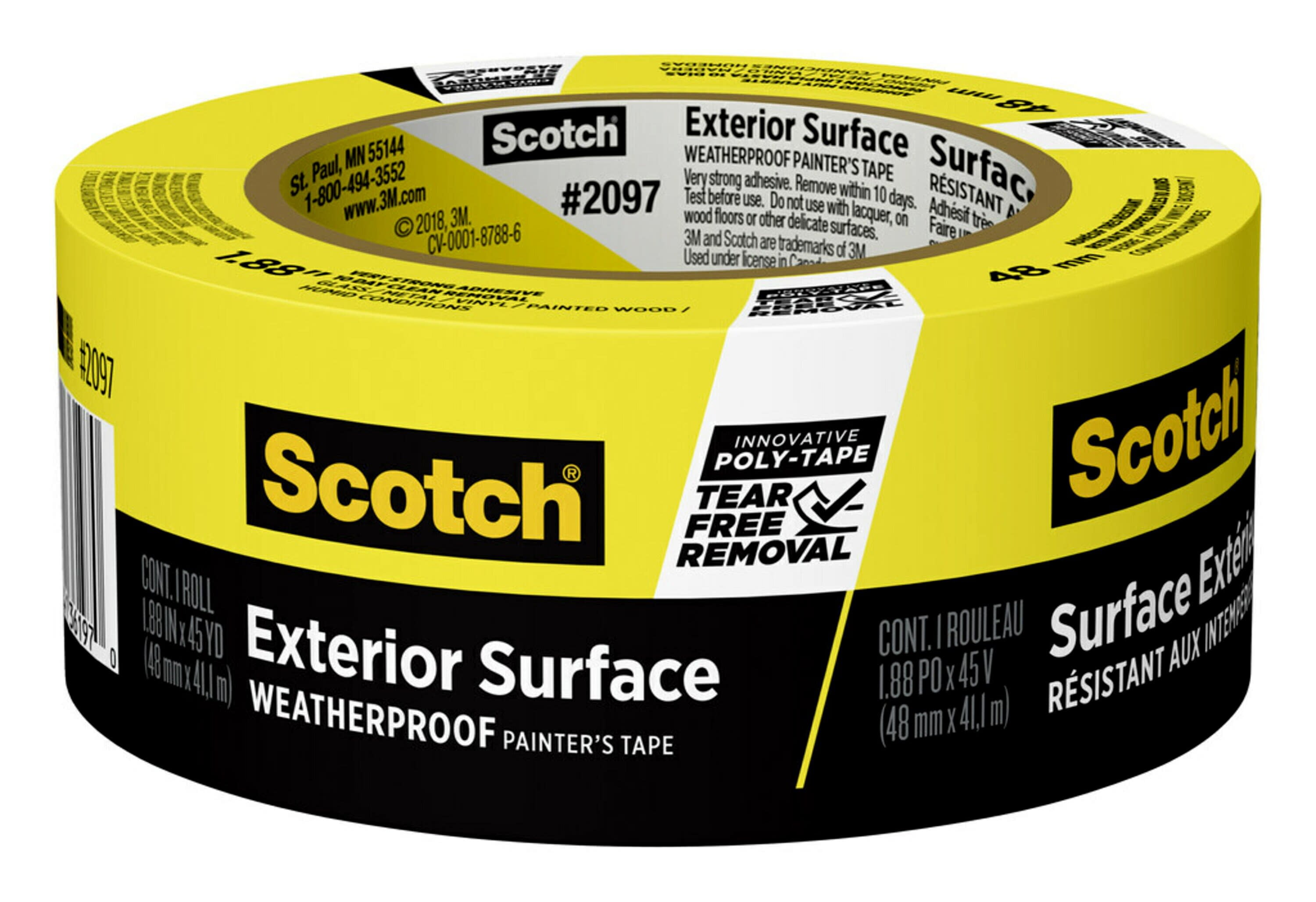Scotch Exterior Surface Painters Tape, Yellow, 1.88 inches x 45 yards