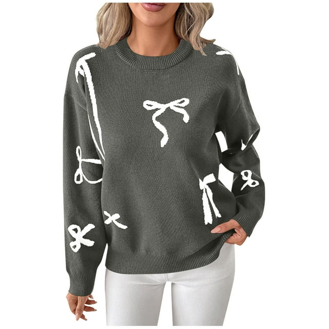 FRSASU Chandail d'Hiver pour Femmes à Manches Longues Col Rond Tricoté Grande Taille Mignon avec Nœud Gris G(L)
