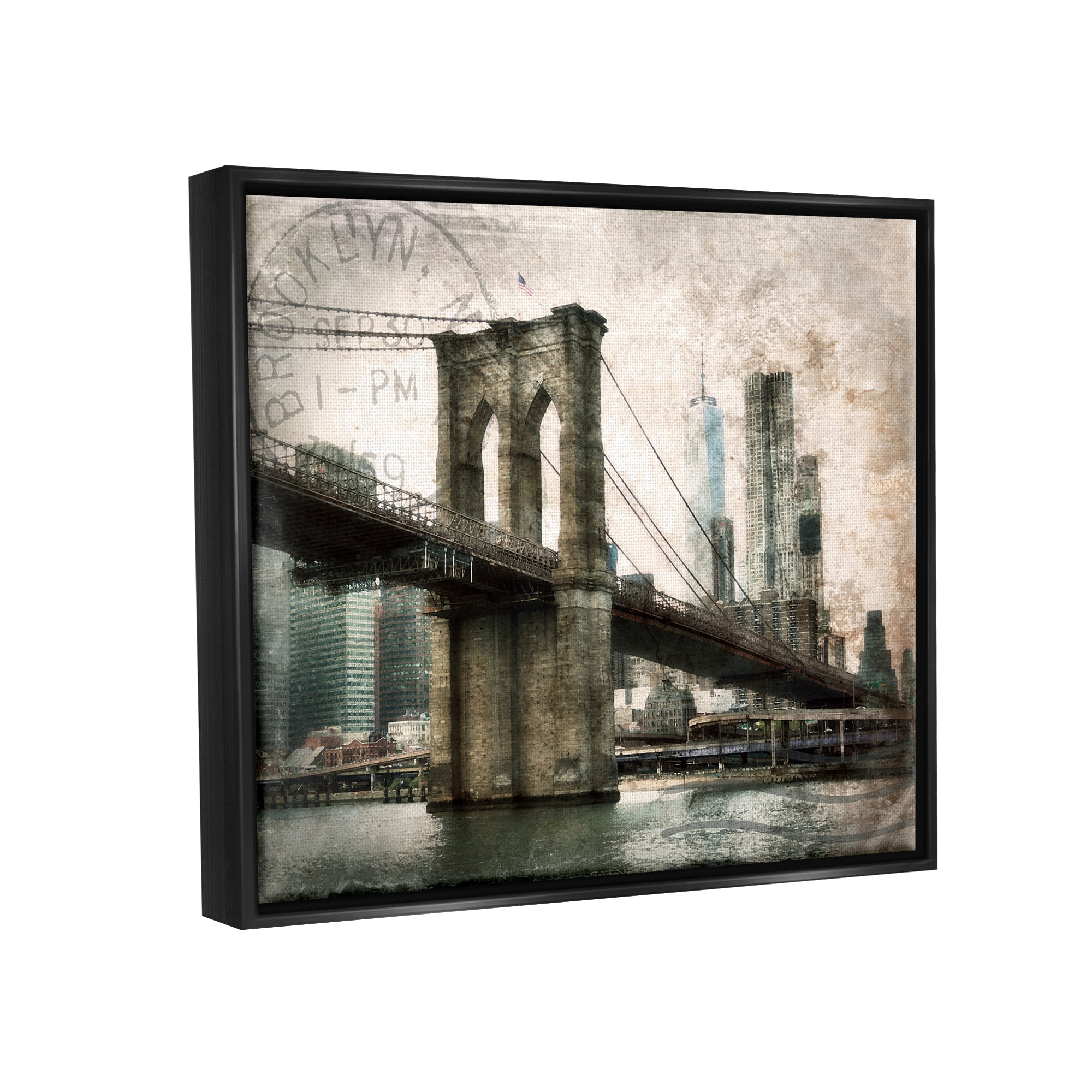Stupell Industries Vintage Brooklyn Bridge Abstract Painting Black Floater Framed Canvas Art Print Wall Art, 31 x 25