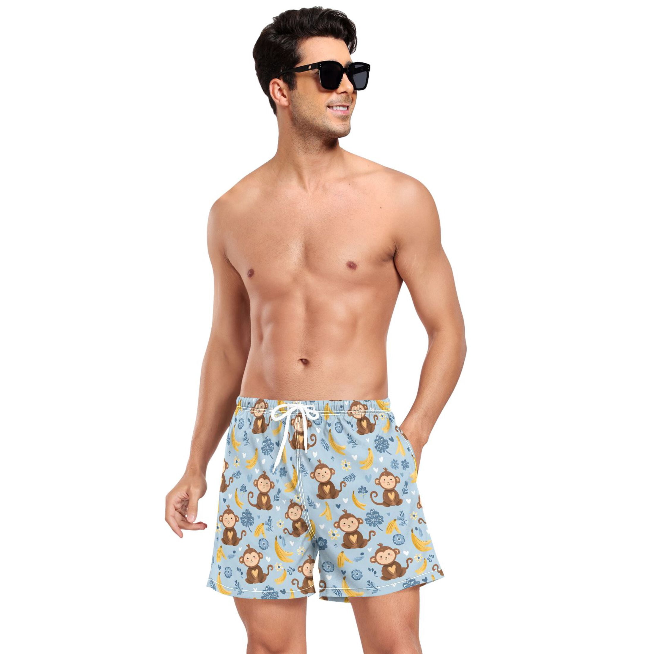 joogoo Men's Cartoon Monkey Bananas Swim Trunks with Liner Pocket Beach Shorts M