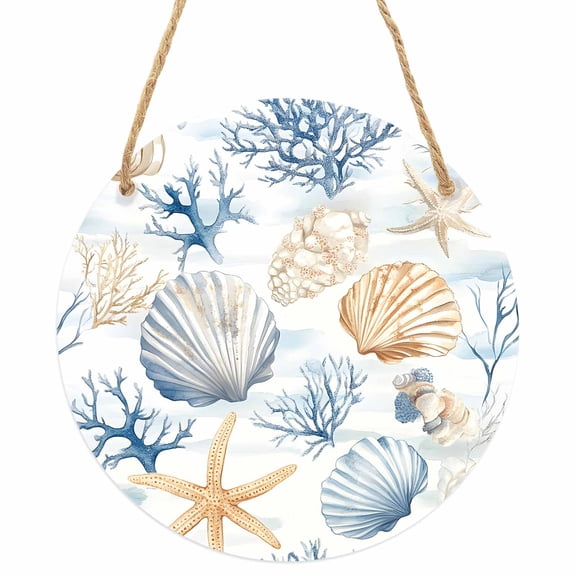 Coastal Blue Round Front Door Welcome Sign, 5.9 Inch Wall Hanging Decor for Indoor Outdoor, Coral Starfish Seashells Beach Summer Home Porch Hanger Decorations for Holiday Gift