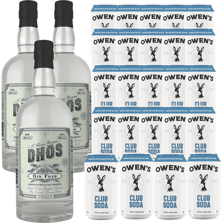 Dhōs Handcrafted Non-Alcoholic Gin 750 ML Bottles w Pack Owen’s Mixers Club Soda 8.2 OZ Cans - Perfect for Mocktails - A