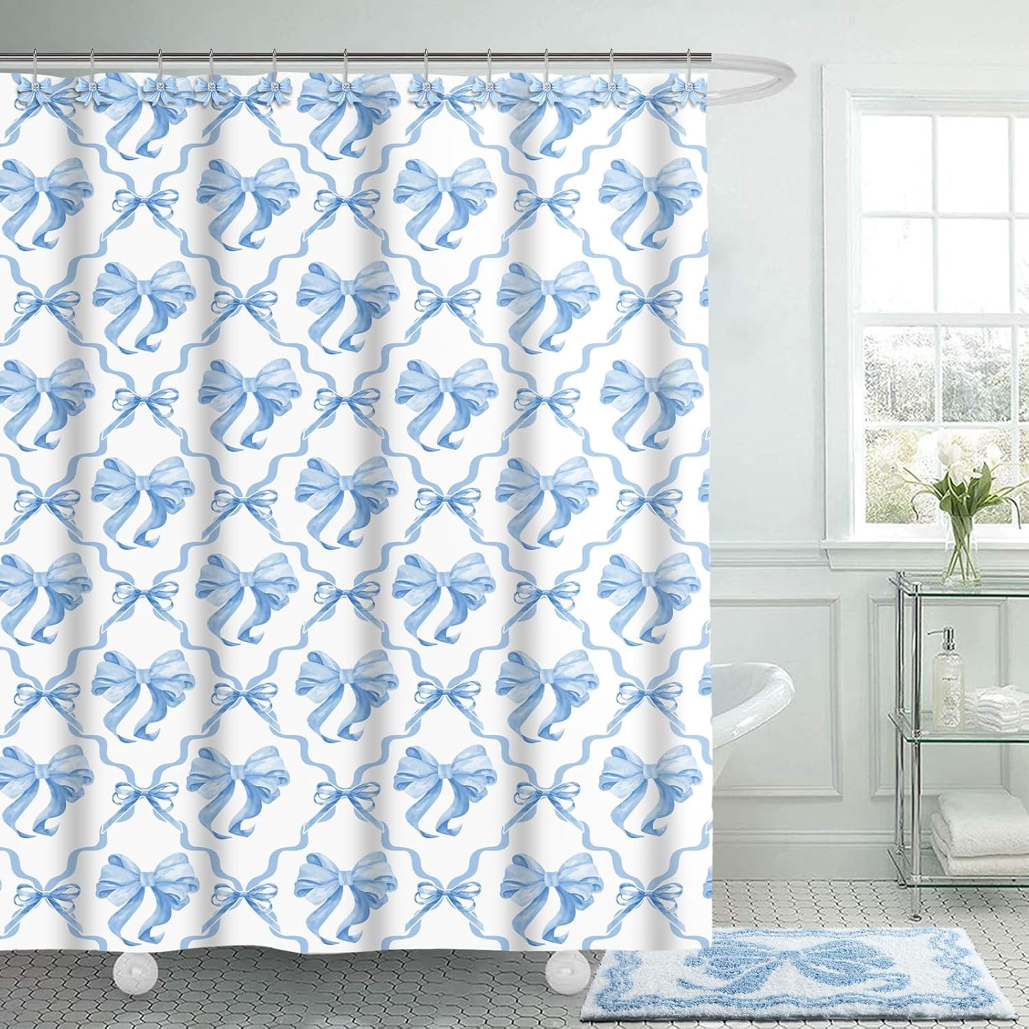 18 Pcs Blue Bow Fabric Shower Curtain Set with 12 Decorative Shower Curtain Hooks Blue Bow Knot Bathroom Towels Coquette Non Slip Absorbent Microfiber Rug for Modern Aesthetic Bathroom