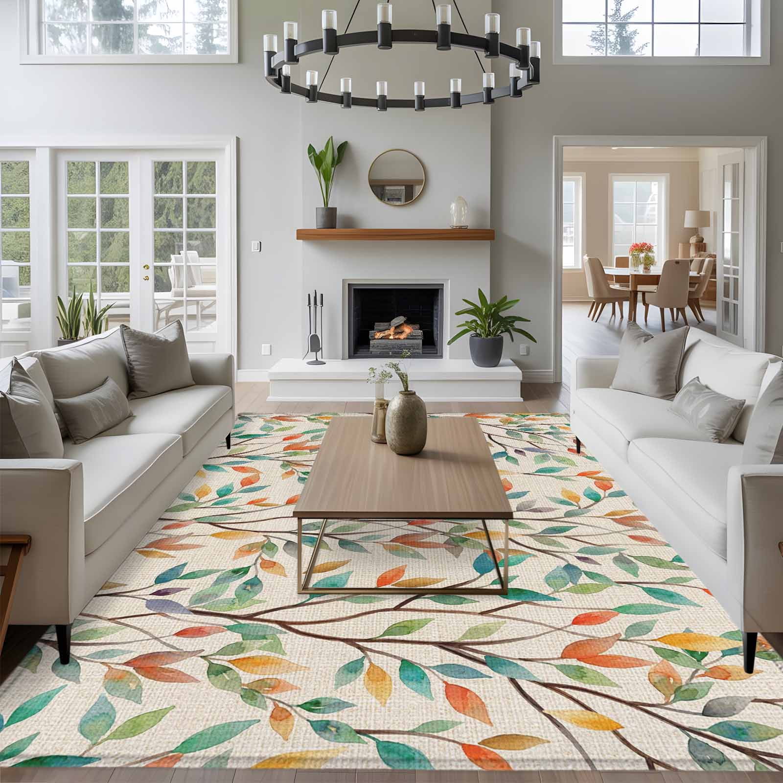 Large Area Rugs for Living Room Bedroom, Teal Orange Eucalyptus 5'x8' Rug Washable Carpet Runner Indoor Outdoor, Spring Botanical Leaves Non Slip Floor Mats Rug for Kitchen, Bathroom