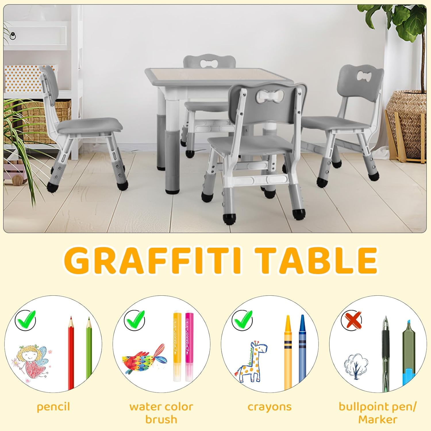 LAZY BUDDY Kids Table and 4 Chairs Set, Height Adjustable Toddler Desk and Chair Set with Graffiti Desktop, Children Multi-Activity Table for Classroom/Daycare/Home