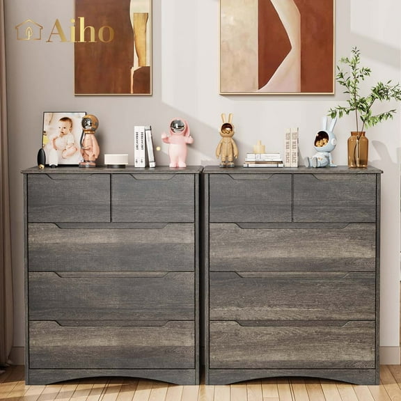 Aiho Dresser with 5 Drawers, Wood Tall Chest, Built-in Handle Drawers for Bedroom, Home, Living Room - Gray