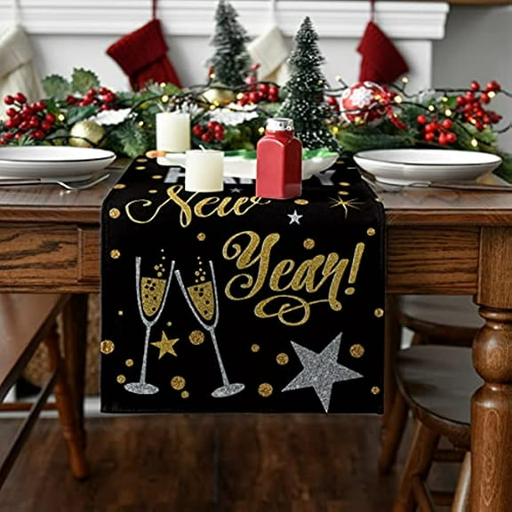 Christmas Decoration 2023 Cheers Black and Gold Happy New Year Linen Table Runners Xmas Wedding Dining Table Home Party Decor