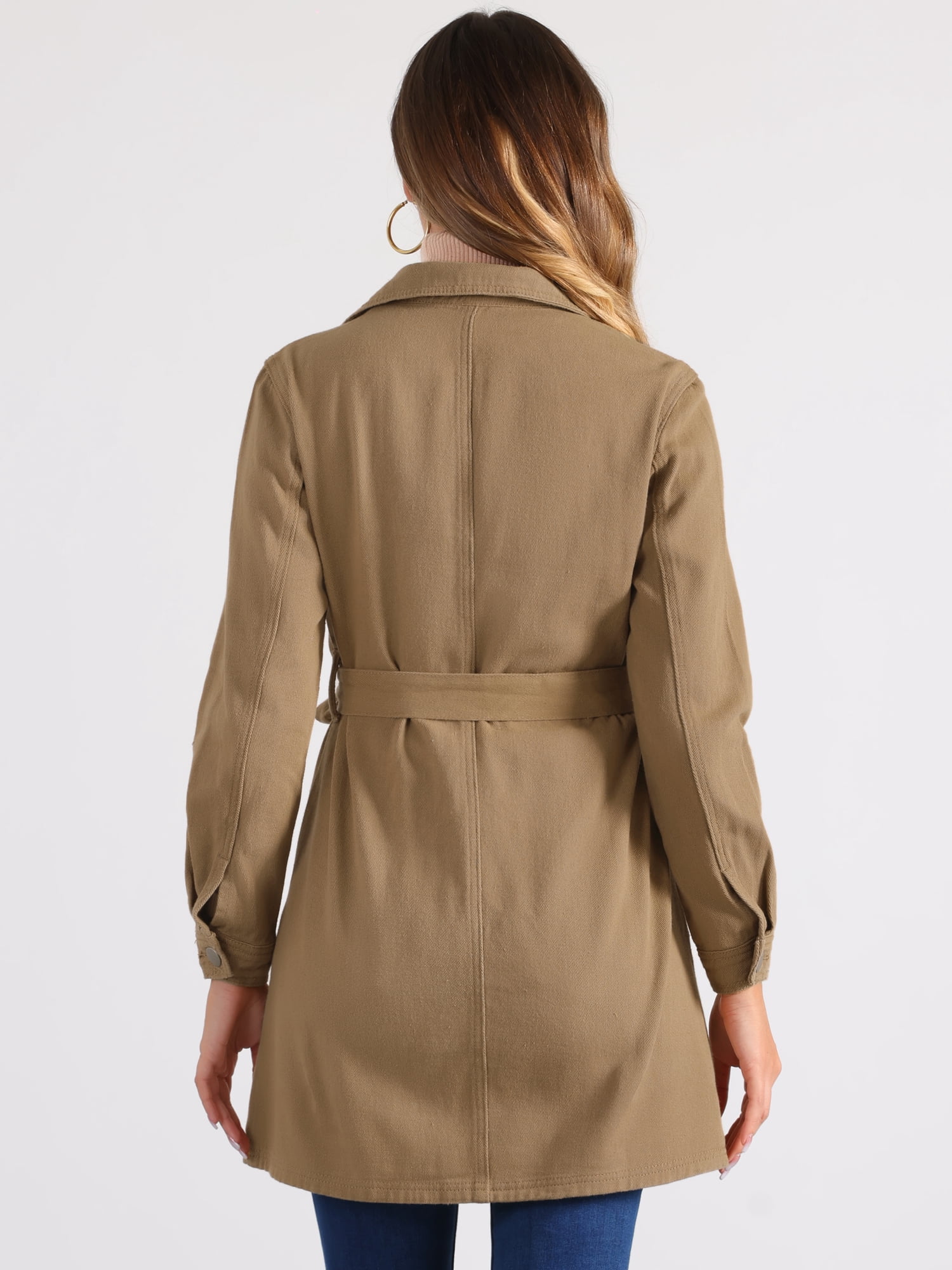 DARING DIVA Trench Jean Notched Lapel Long Sleeve Denim Jacket S Khaki