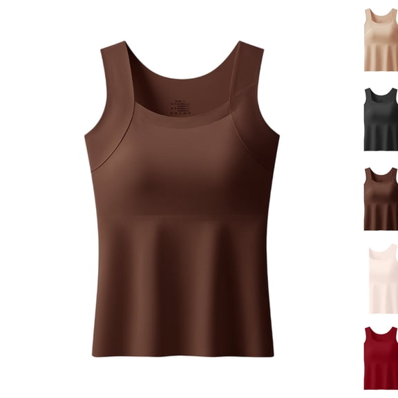 Built in Bra Tank Tops for Women Over 40 Tummy Control Wide Strap Camisole Seamless Shaper Shelf Bra Tanktops (Coffee,4XL)