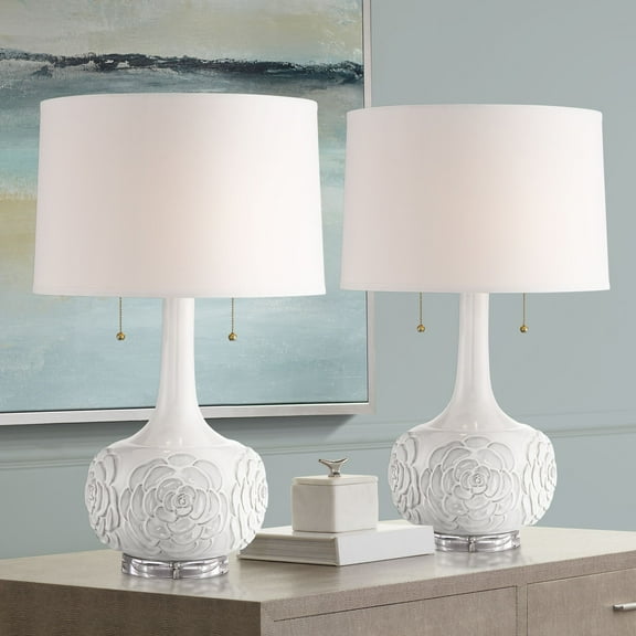 Possini Euro Design Natalia 27" Tall Modern Luxe Table Lamps Set of 2 Pull Chain White Floral Ceramic Living Room Bedroom