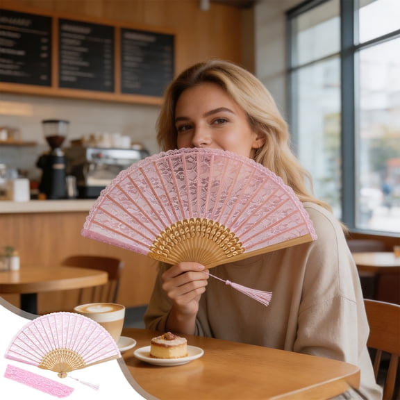 Beforeyayn Pink Lace Handheld Folding Fan with Tassel, Elegant Royal Court Fan Style, Portable Gift for Weddings Parties Proms and Photo Prop