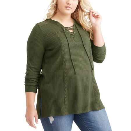 Juniors' Plus Thermal Knit Lace Up Top