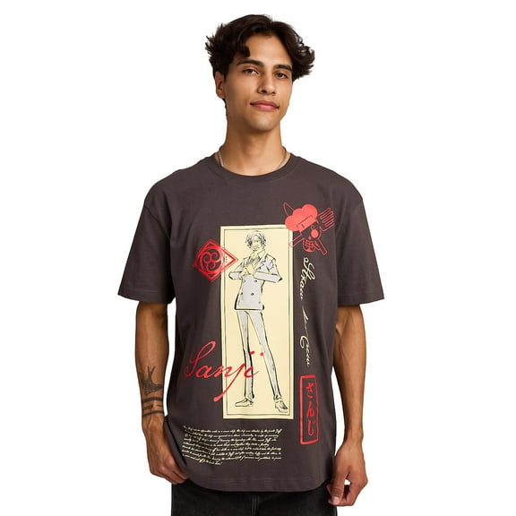 One Piece Character Banner Men's Charcoal Crew Neck Short Sleeve T-shirt-Medium