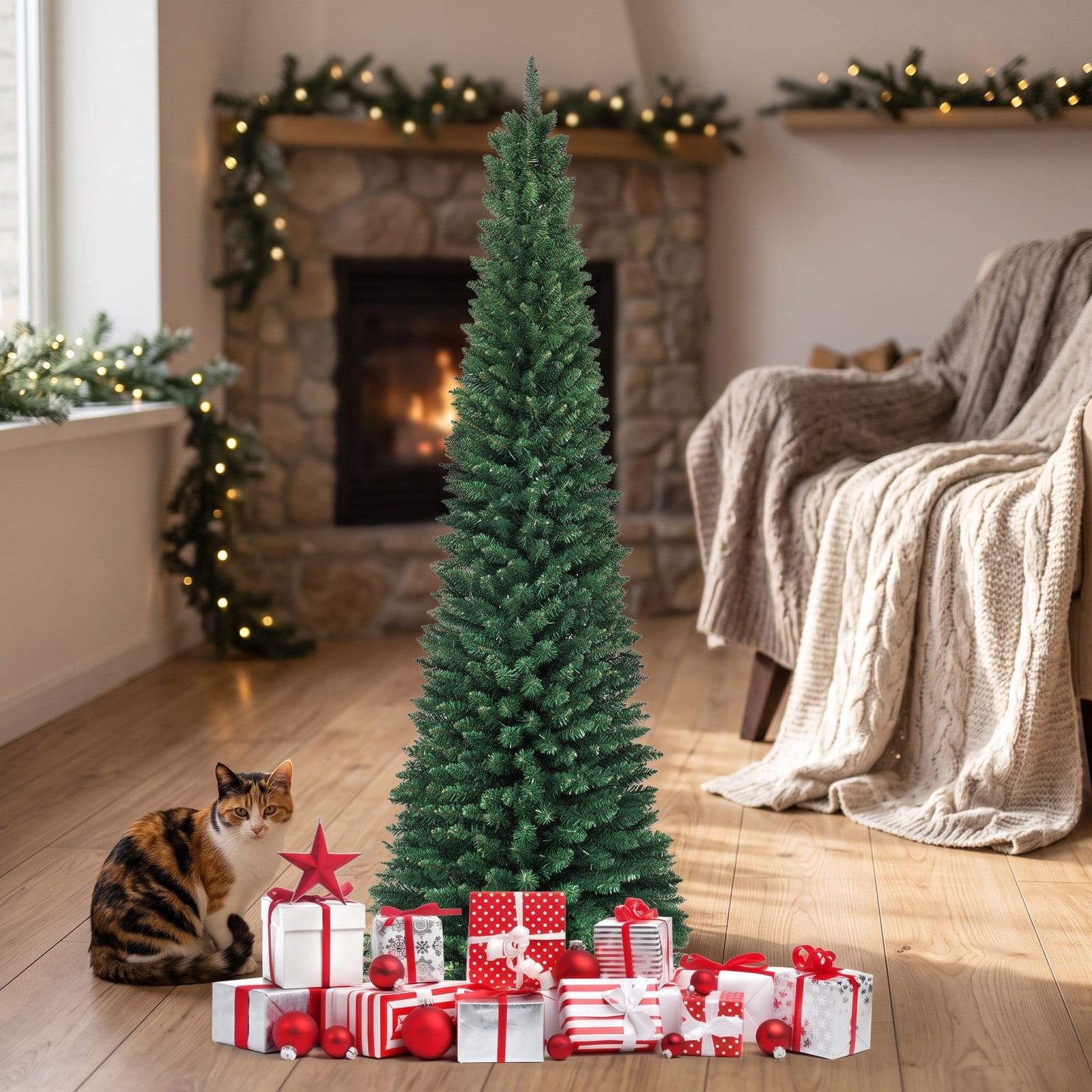 RUIE 7FT Artificial Slim Pencil Christmas Tree, PVC Unlit Narrow Xmas Tree with 700 Branch Tips and Sturdy Iron Stand for Home Holiday Corner Decor, Green