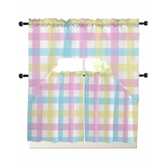 Easter Plaid Swag Kitchen Curtains Sets for Windows 24 Inch Length, Spring Buffalo Plaid Simple Colorful Short Window Curtain Panels Swags Valances and Tiers 3 Piece Set for Cafe/Dining Room