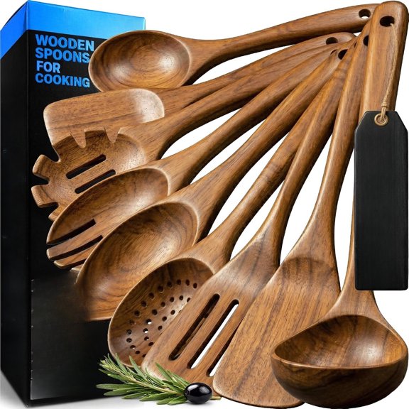 Kitchen 6 Piece Wooden Spoons for Cooking Natural Teak Wooden Utensil Set, Easy to Clean, Durable, Smooth with Comfort Grip - Non Toxic Wooden Cooking Utensil Sets