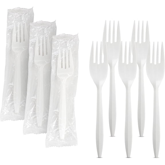 MT Products White Plastic Forks for Dishes, Disposable Individually Wrap - Pack of 1000