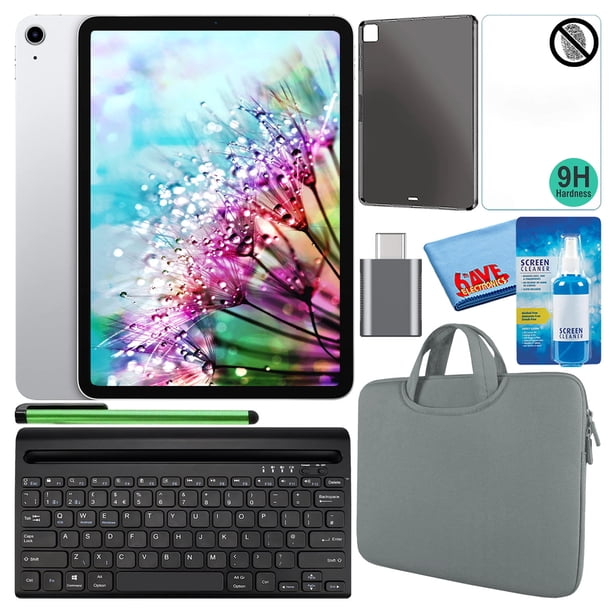 Paquete Apple iPad Air de 10,9" (2020, 256 GB, Wi-Fi, plateado) (MYFW2LL/A) con funda gris con cremallera + protector de pantalla + funda de TPU + teclado + limpiador LCD Apple MYFW2LL/A